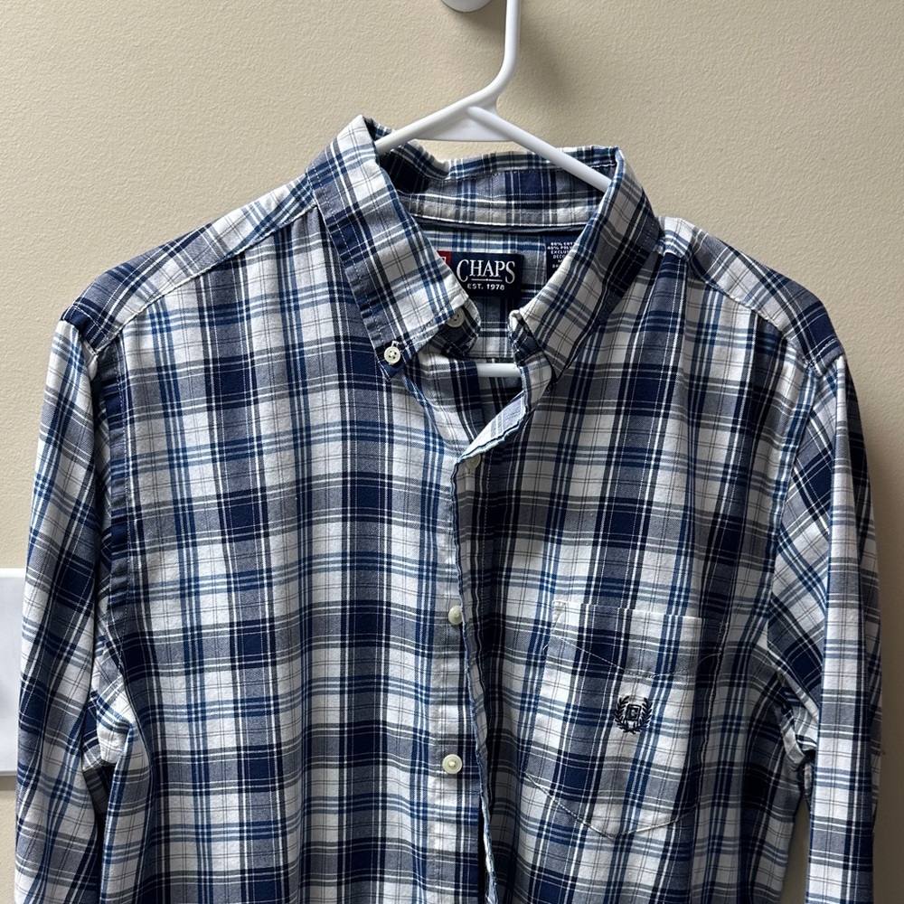 Chaps Men's Navy and White Plaid Button Down Shirt